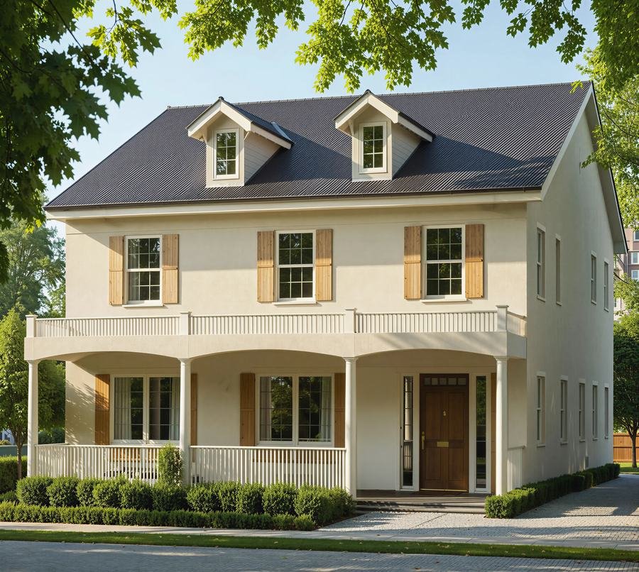 Rendering of a two-story stucco house with a wraparound covered porch, a second-floor balcony, and wood shutters.