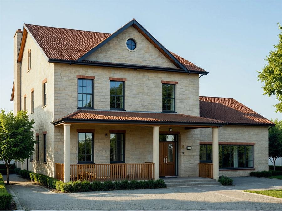 Rendering of a two-story stone house with a terracotta tile roof, wraparound covered porch, and round window in the front gable.