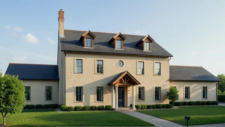 Rendering of a two-story stone and stucco house with three roof dormers, a round gable window, and a covered entry with an exposed wood beam.
