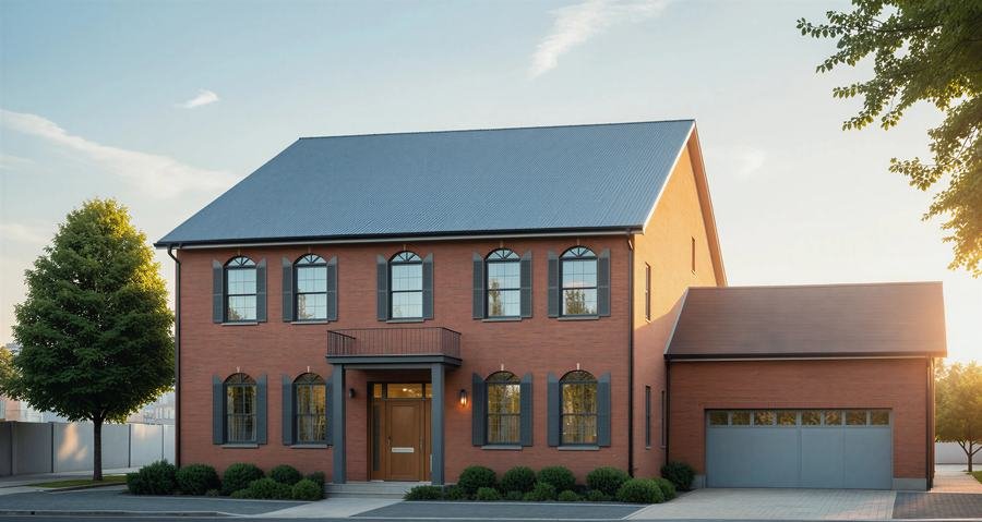 Rendering of a two-story red brick colonial home with an attached two-car garage, arched window surrounds, and a Juliet balcony above the entry.