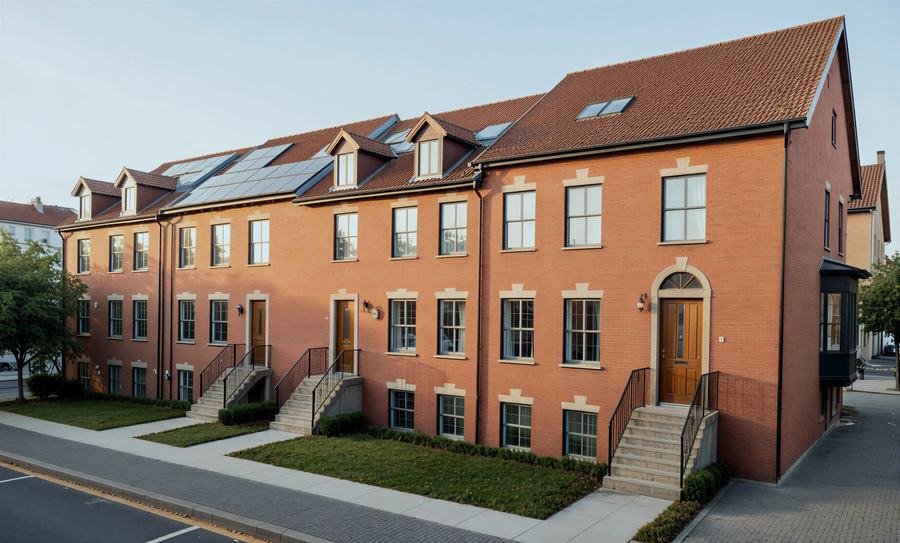 Rendering of red brick, three-story townhomes with covered front entries, roof dormers, skylights, and rooftop solar panels.